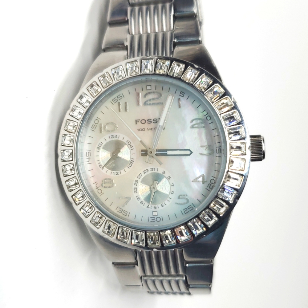 Fossil Watch BQ9360 Silver Steel Wristband Mother of Pearl Face Dual Subdial